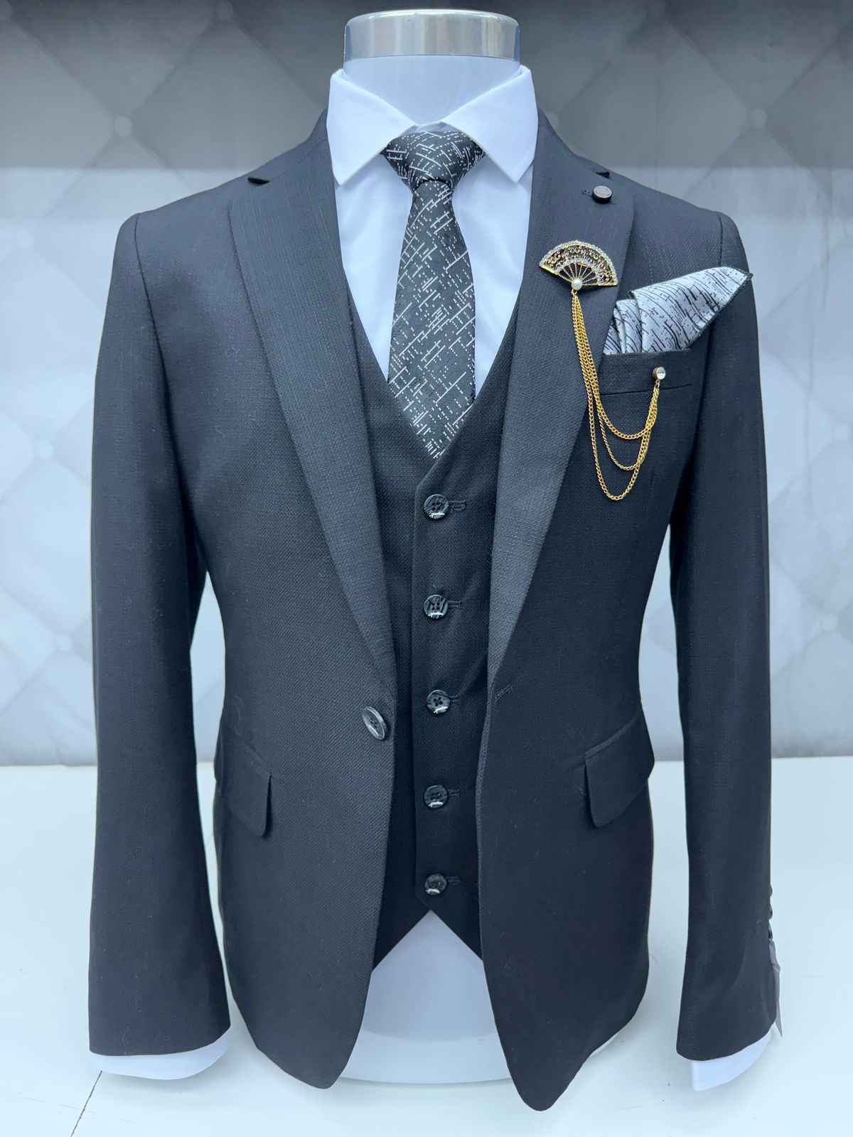 3 Piece Textured Suit Black Color