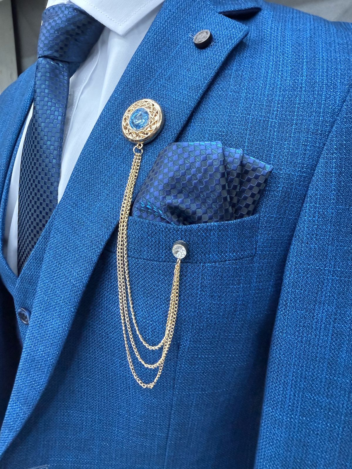 3 Piece Textured Suit Turquoise Blue Color
