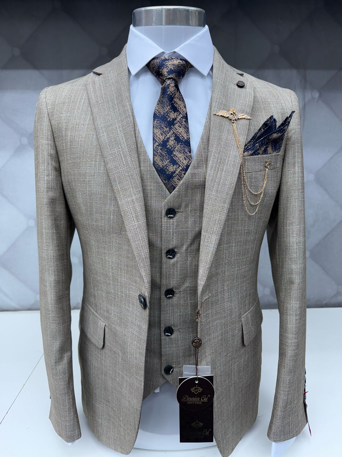 3 Piece Textured Suit Light Beige Color