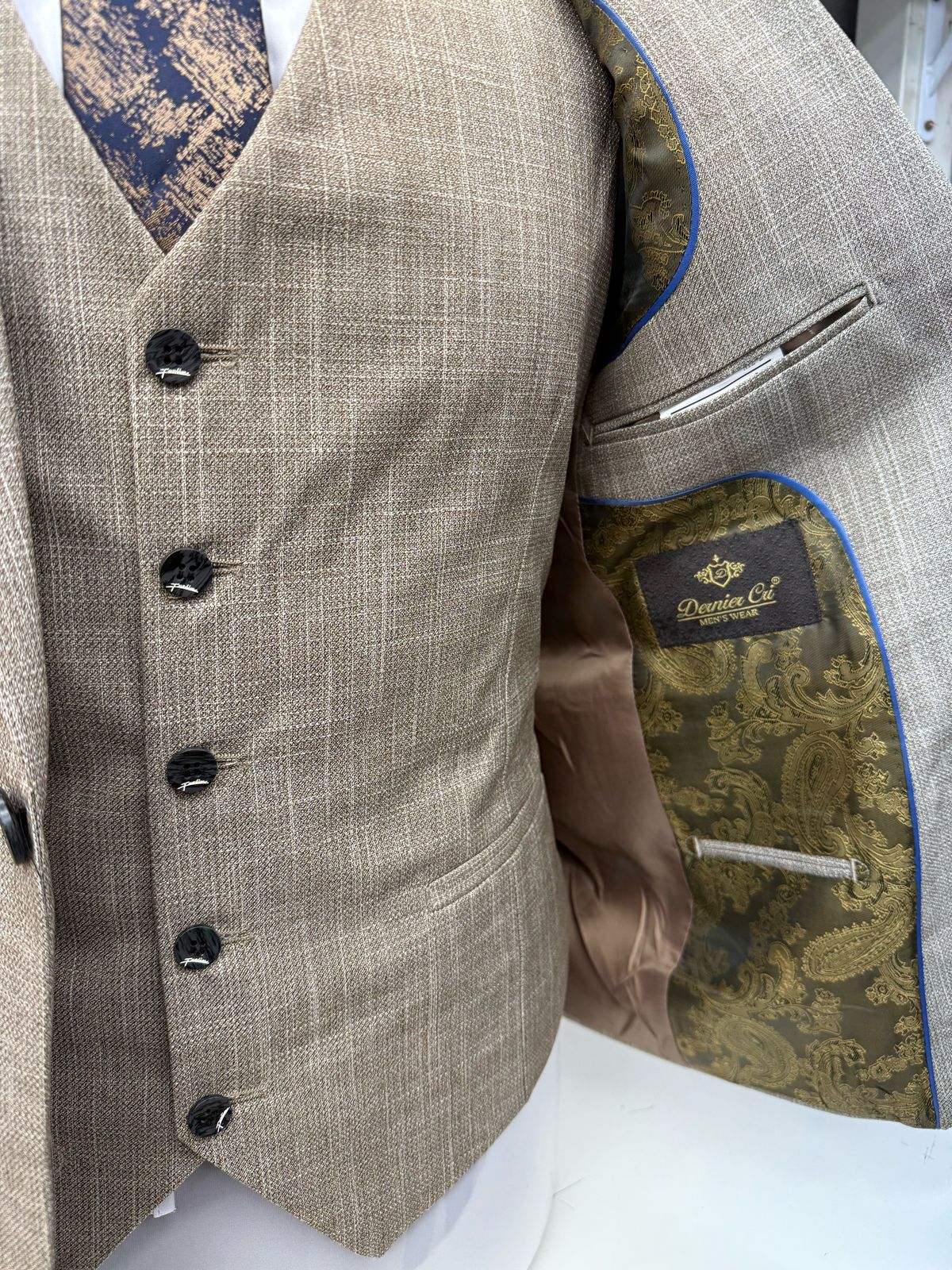 3 Piece Textured Suit Light Beige Color