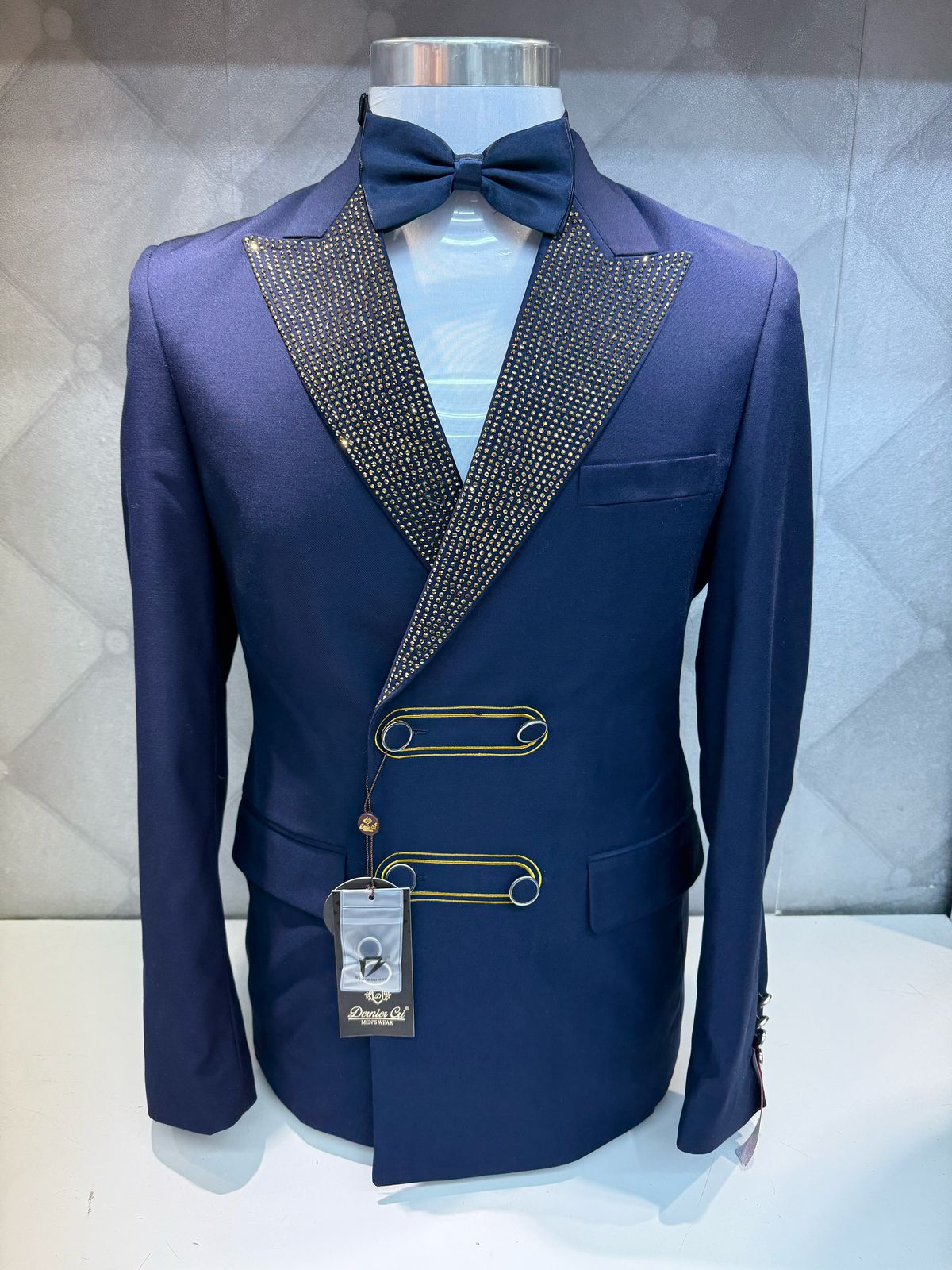 Dazzling Gold Stone Double Breasted Blue Suit