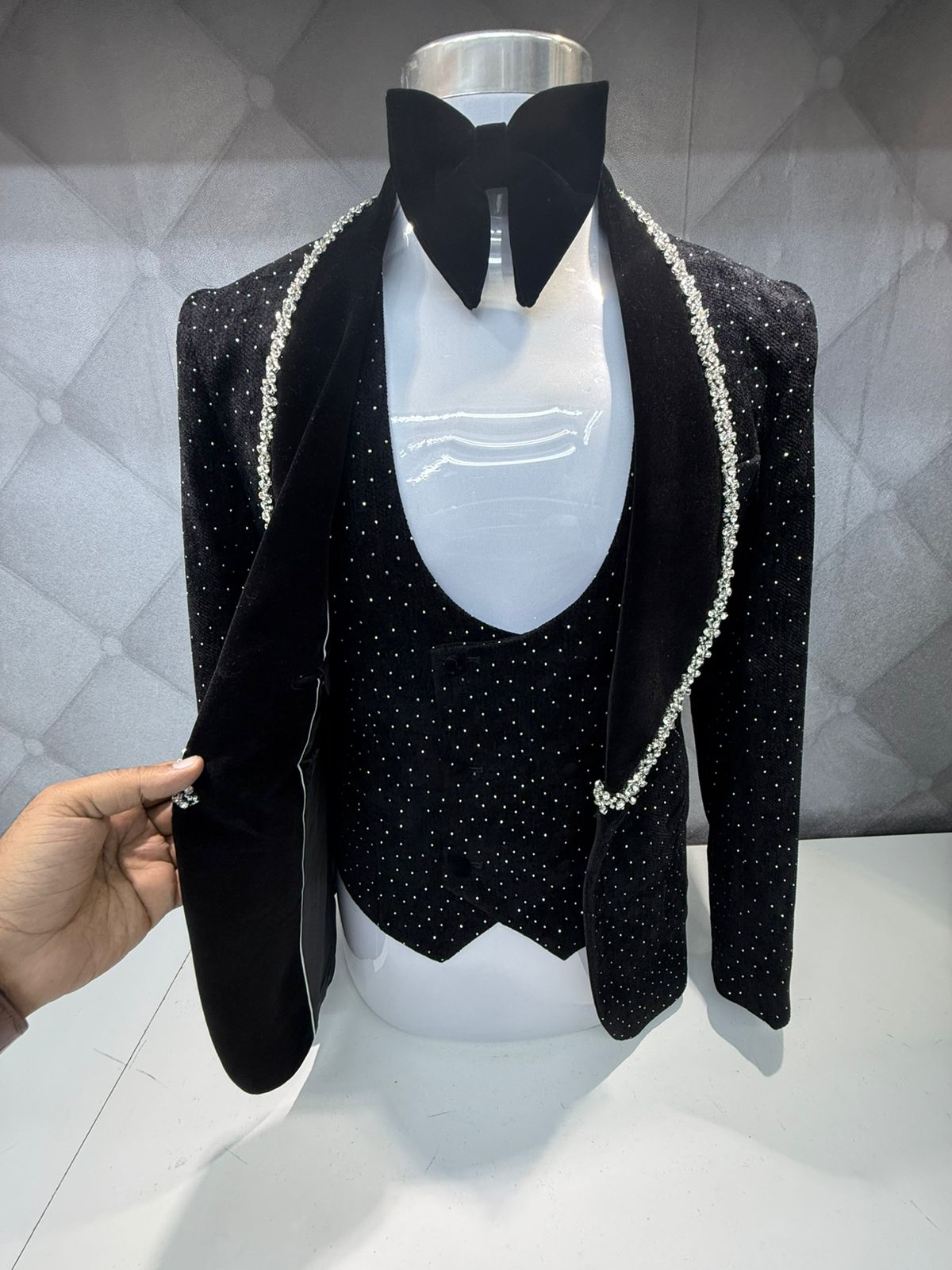 Luxury Velvet Black Tuxedo Three Piece Suit with White Diamond Lapel Boarder