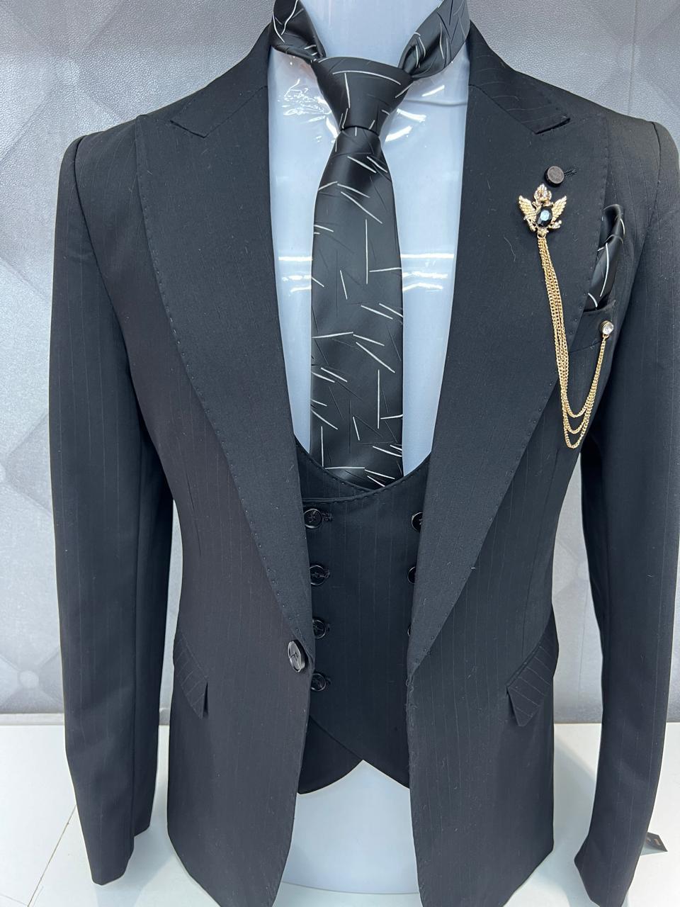 Classic Style Subtle Striped Pattern Black Three-Piece Suit for wedding or formal occasions