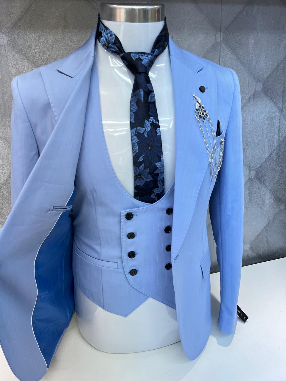 Classic Style Subtle Striped Pattern Sky Blue Three-Piece Suit for wedding or formal occasions