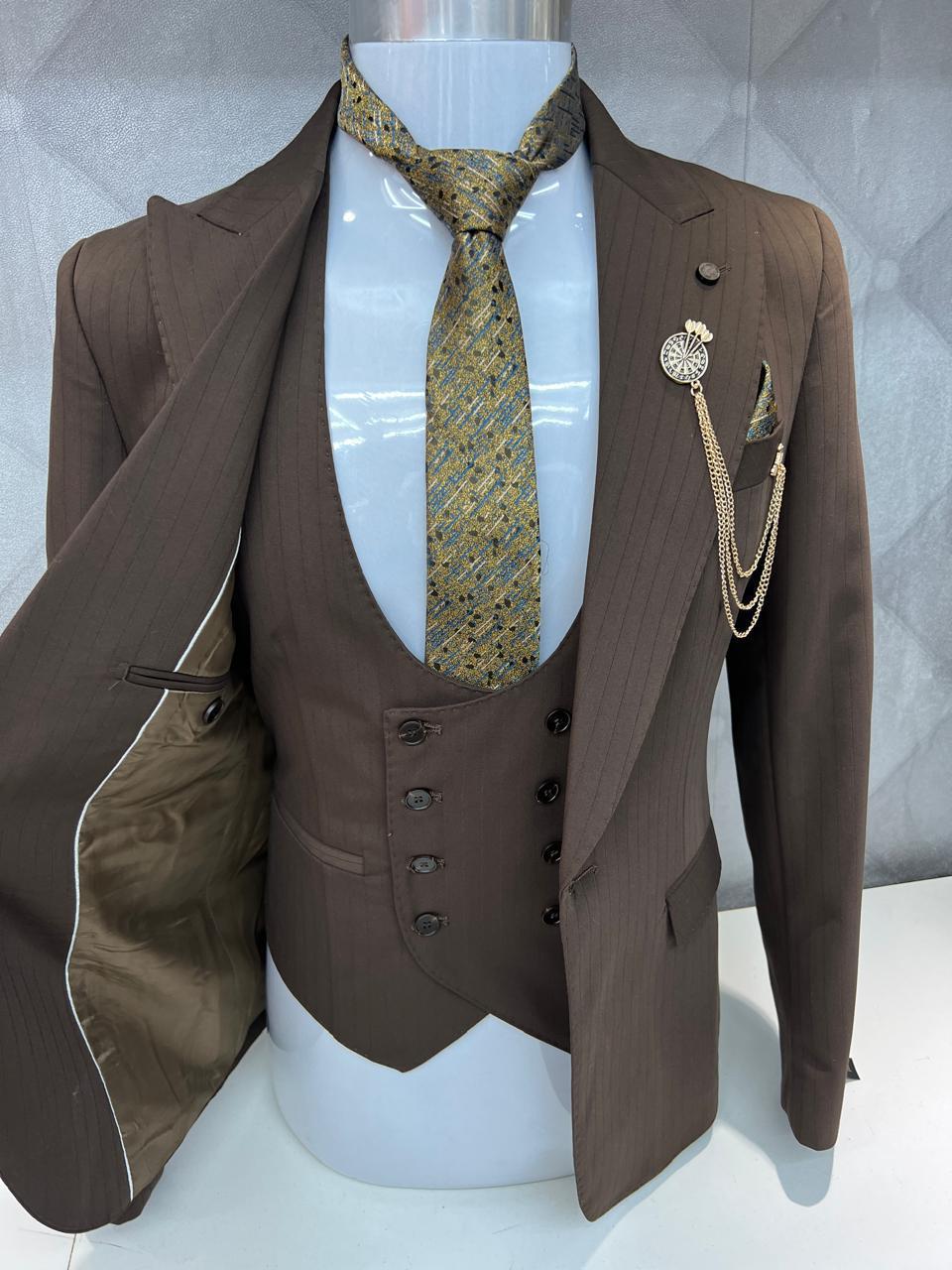 Classic Style Subtle Striped Pattern Brown Three-Piece Suit for wedding or formal occasions