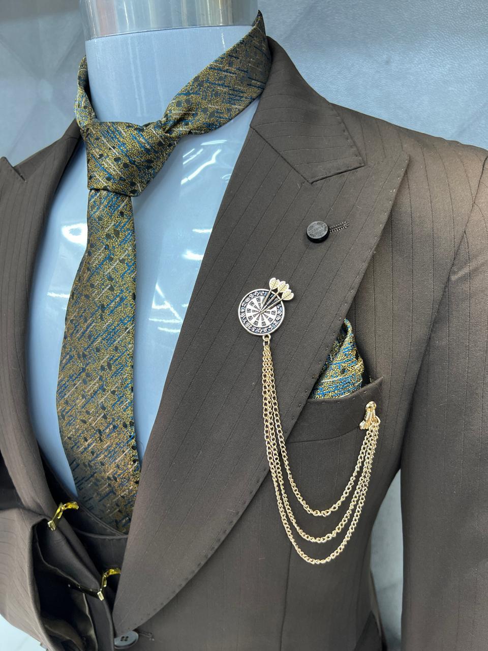 Classic Style Subtle Striped Pattern Brown Three-Piece Suit for wedding or formal occasions