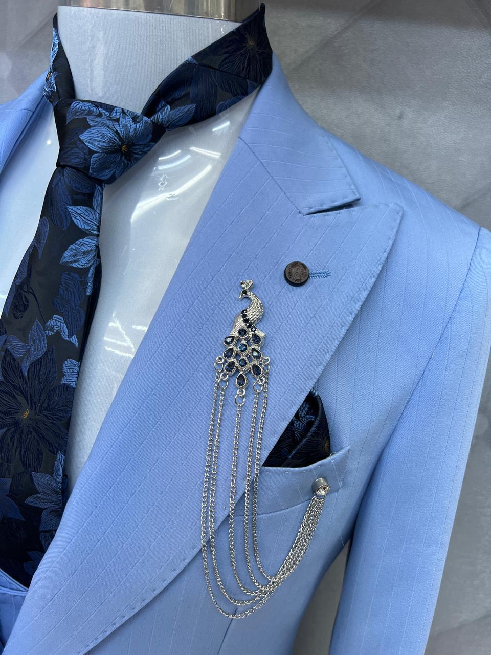 Classic Style Subtle Striped Pattern Sky Blue Three-Piece Suit for wedding or formal occasions