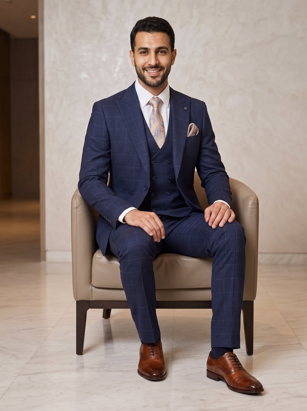 NAVY CHECK 3-PIECE SUIT