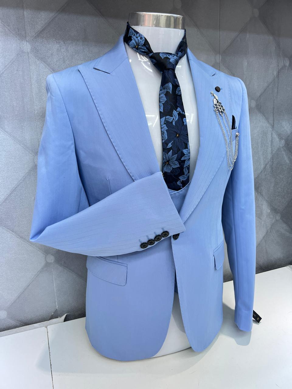 Classic Style Subtle Striped Pattern Sky Blue Three-Piece Suit for wedding or formal occasions