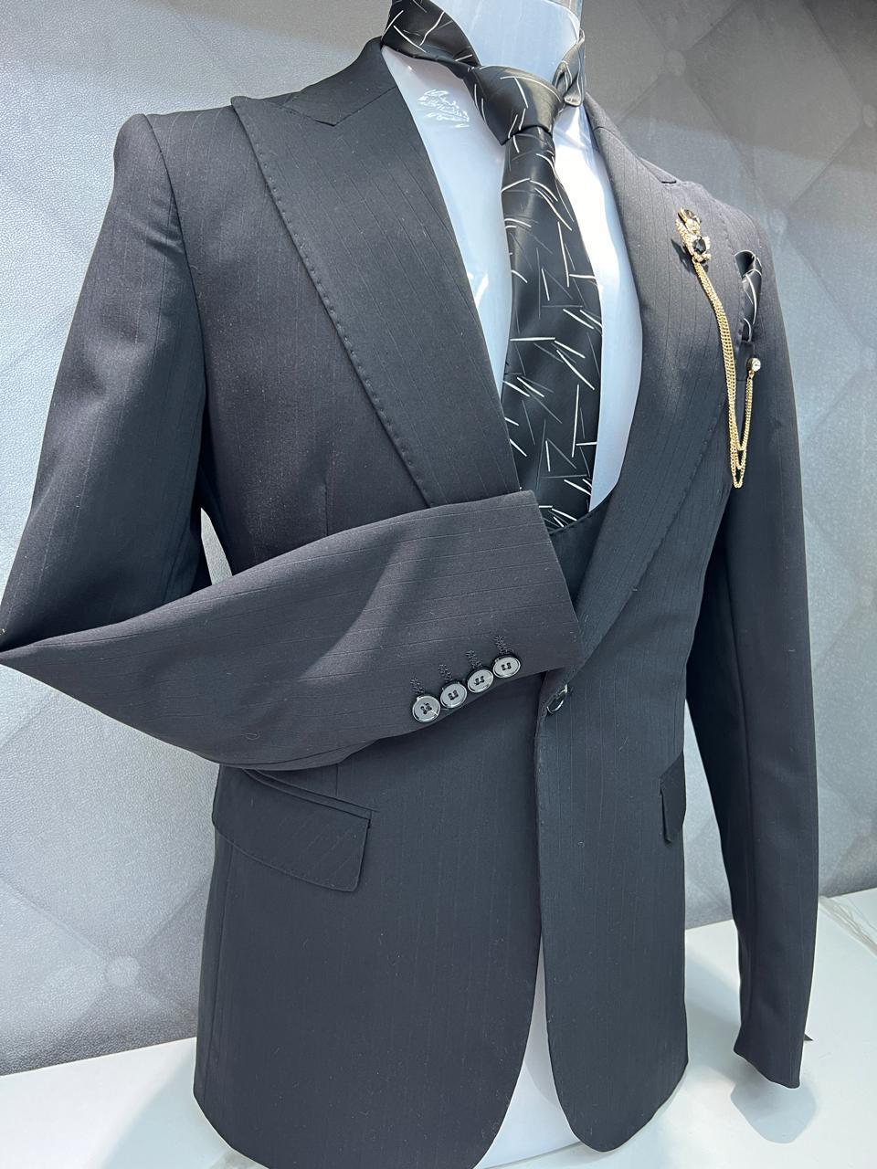 Classic Style Subtle Striped Pattern Black Three-Piece Suit for wedding or formal occasions