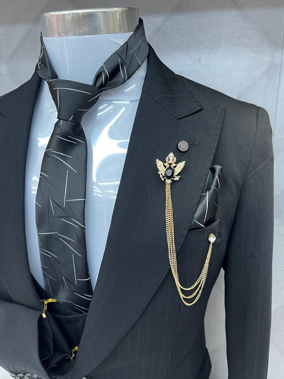 Classic Style Subtle Striped Pattern Black Three-Piece Suit for wedding or formal occasions