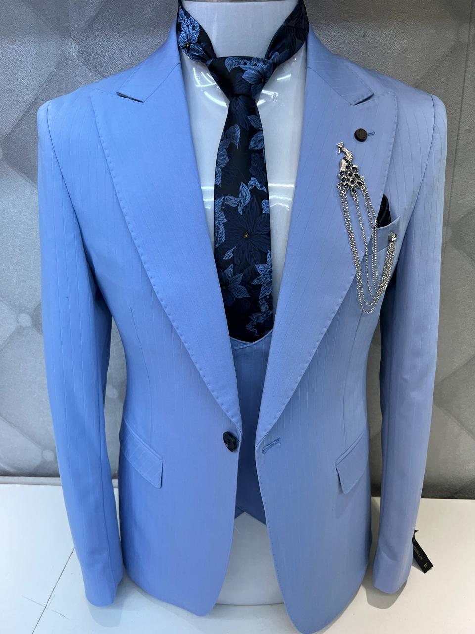 Classic Style Subtle Striped Pattern Sky Blue Three-Piece Suit for wedding or formal occasions