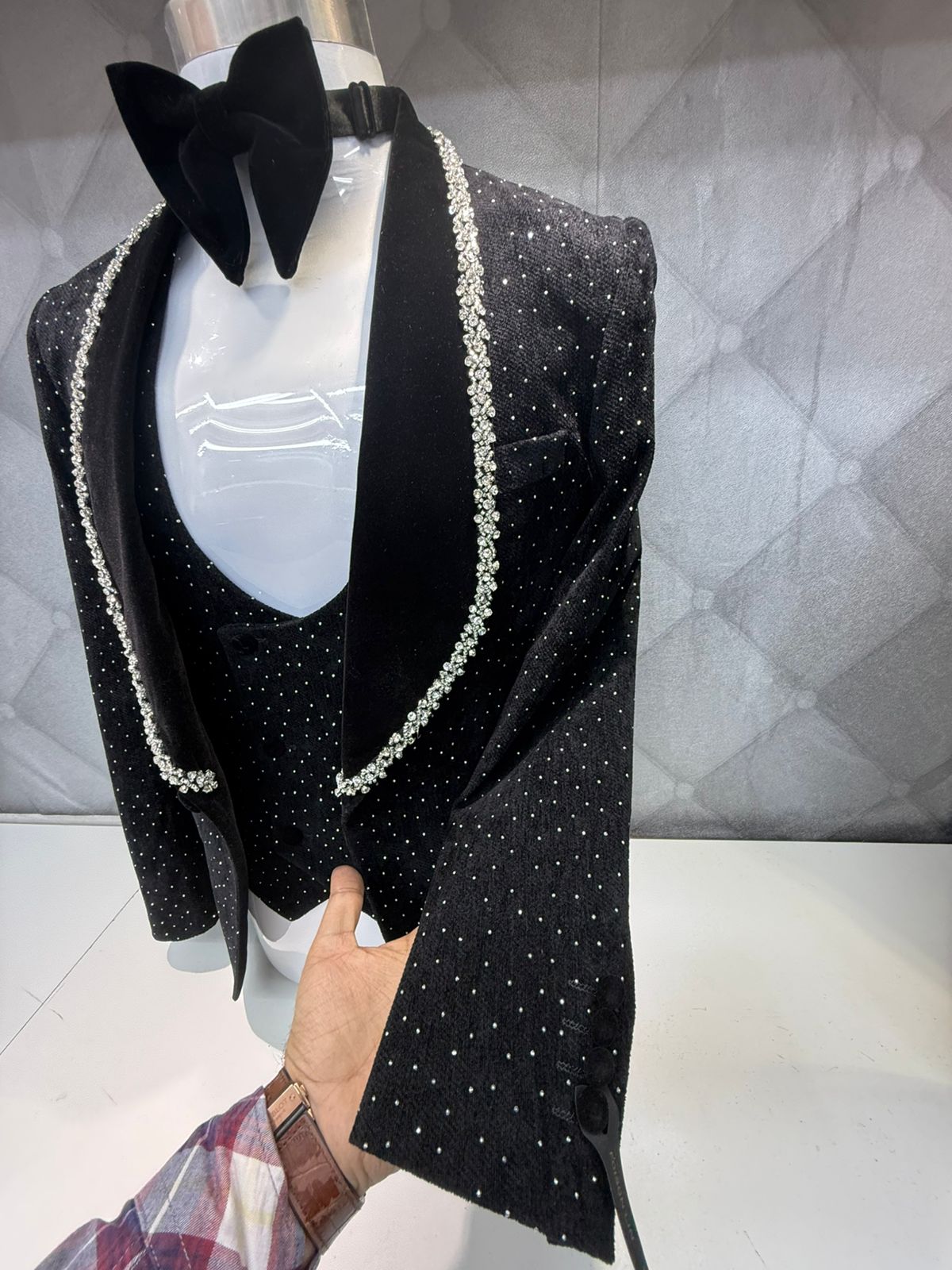 Luxury Velvet Black Tuxedo Three Piece Suit with White Diamond Lapel Boarder
