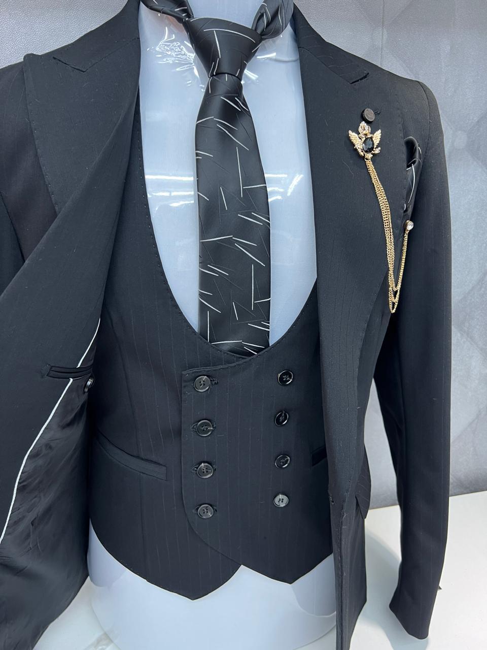 Classic Style Subtle Striped Pattern Black Three-Piece Suit for wedding or formal occasions