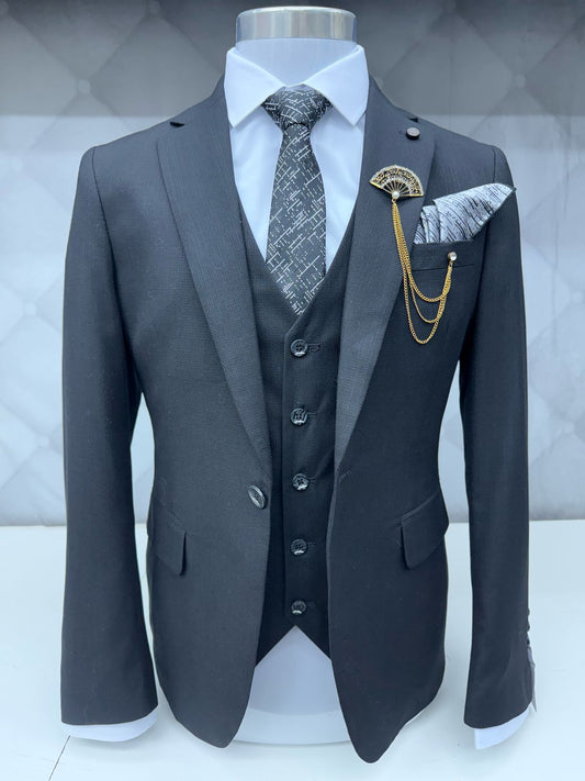3 Piece Textured Suit Black Color