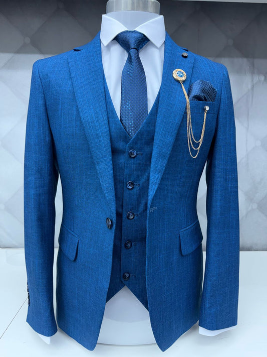 3 Piece Textured Suit Turquoise Blue Color