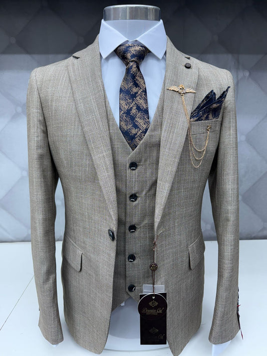 3 Piece Textured Suit Light Beige Color