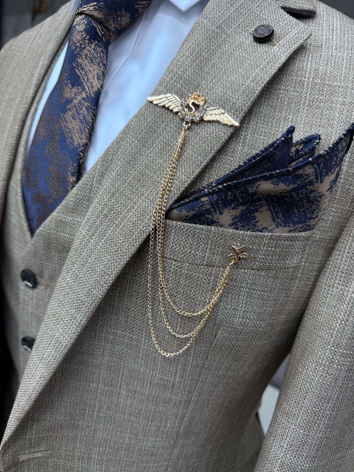 3 Piece Textured Suit Light Beige Color