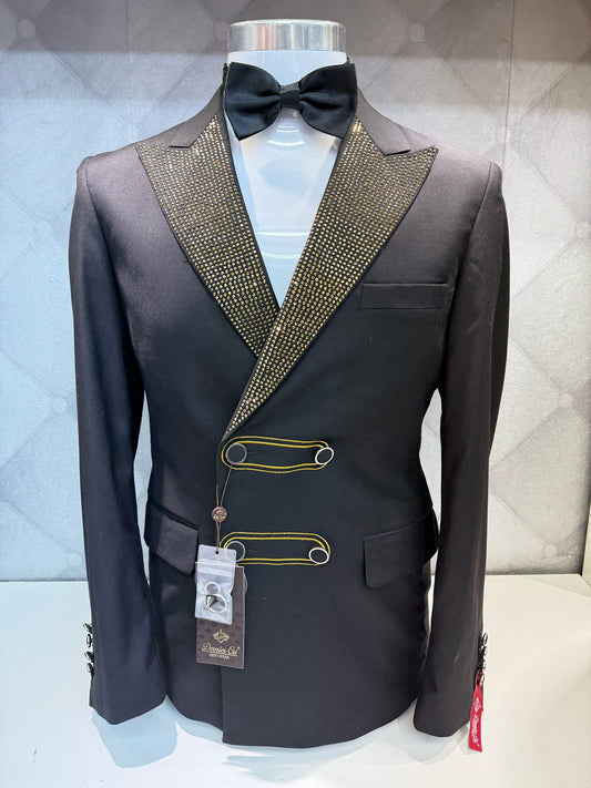 Dazzling Gold Stone Double Breasted Black Suit