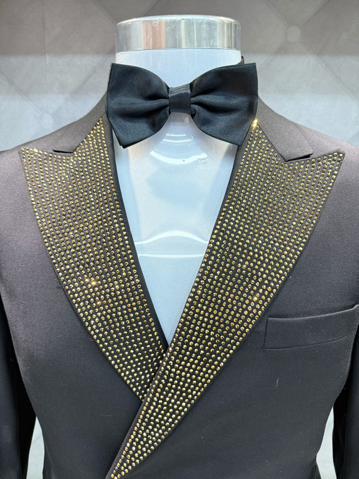 Dazzling Gold Stone Double Breasted Black Suit