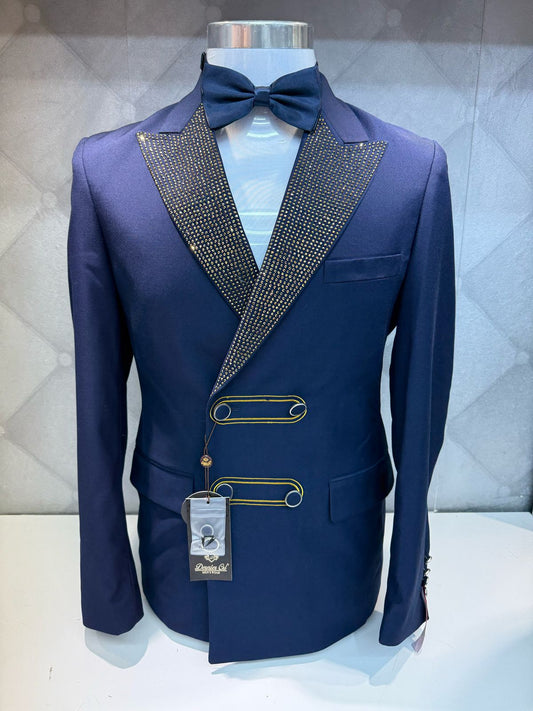 Dazzling Gold Stone Double Breasted Blue Suit