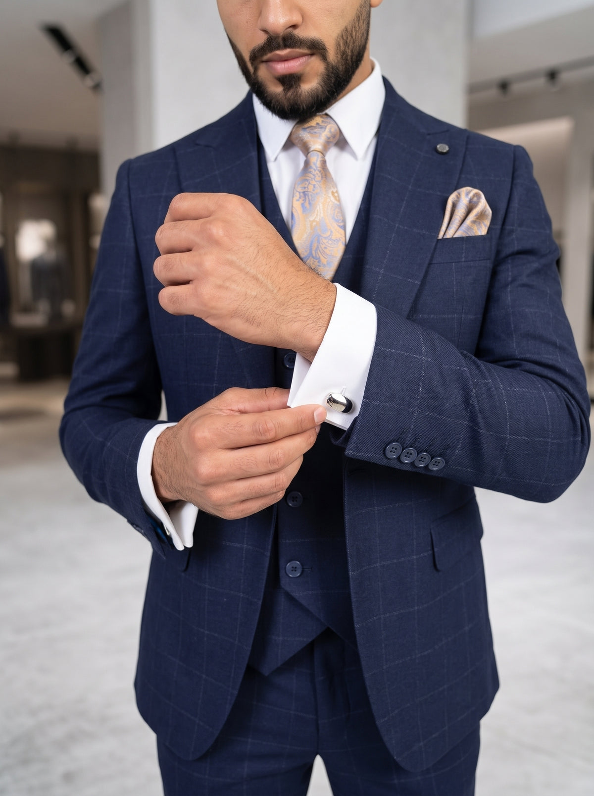 NAVY CHECK 3-PIECE SUIT