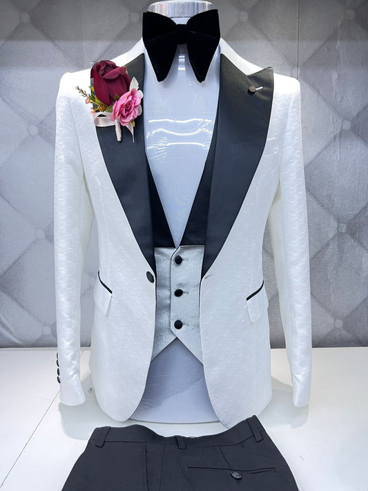 White tuxedo with Black lapel Three-Piece Suit for wedding or formal occasions