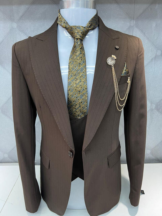 Classic Style Subtle Striped Pattern Brown Three-Piece Suit for wedding or formal occasions