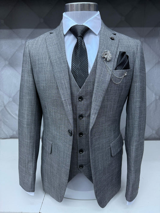 3 Piece Textured Suit Grey Color