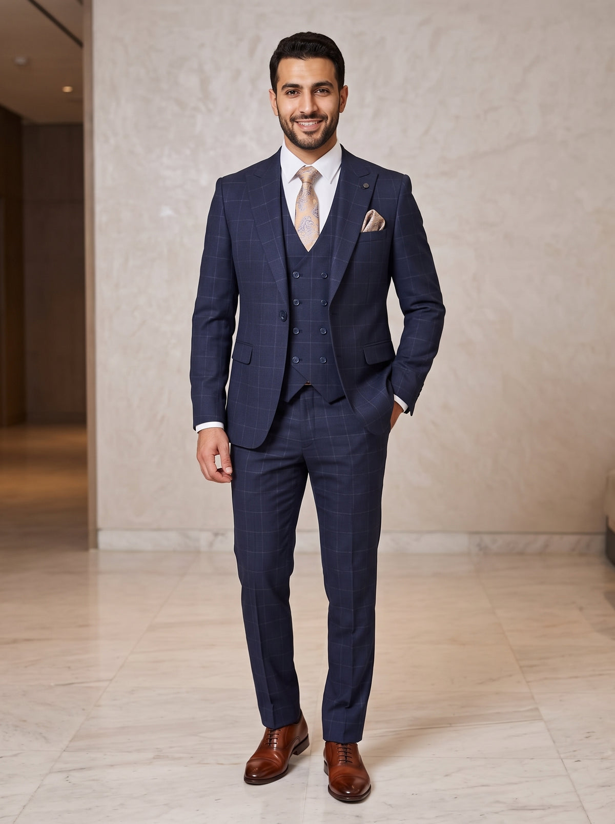 NAVY CHECK 3-PIECE SUIT