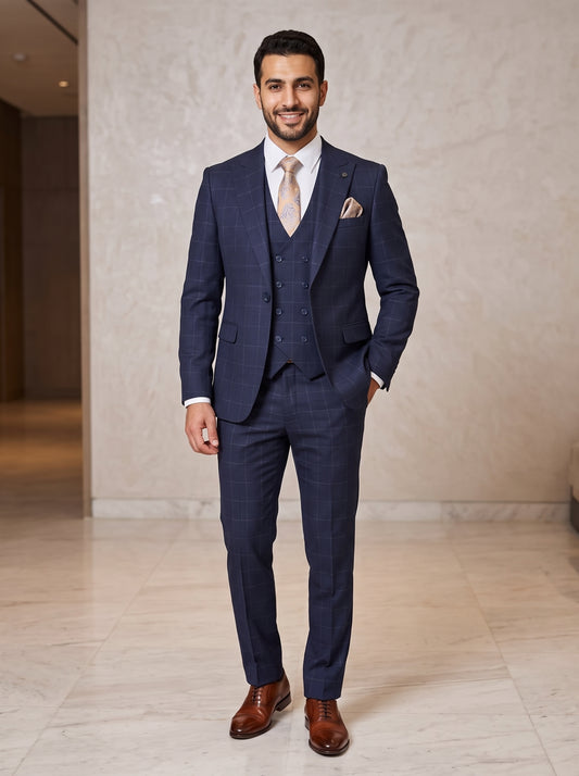 NAVY CHECK 3-PIECE SUIT