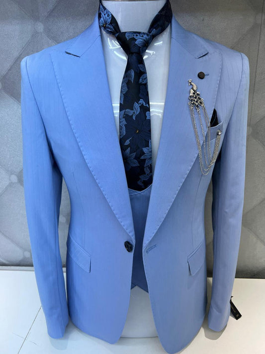 Classic Style Subtle Striped Pattern Sky Blue Three-Piece Suit for wedding or formal occasions